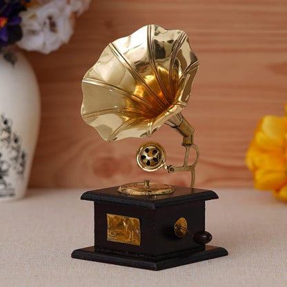 Black and Golden Brass Antique  Dummy Gramophone Showpiece 9 Inch for Home Decor