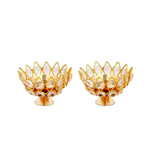 Crystal Brass Diya for Home Puja Pooja Temple Mandir Diwali Decoration Items pack of 2