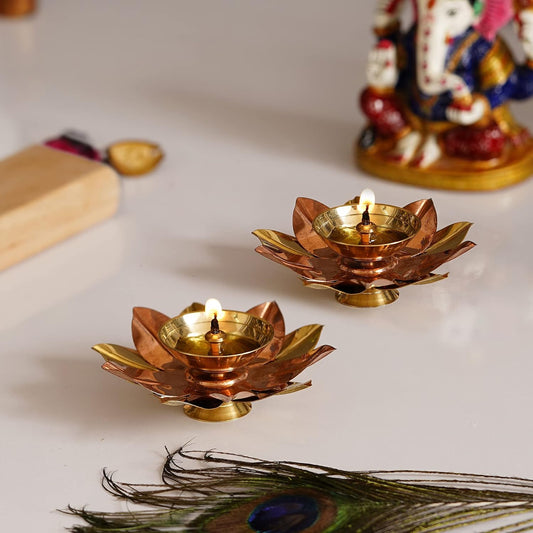 Original Traditional Akhand Kamal Brass Diya for Puja Temple Decoration Pack of 2